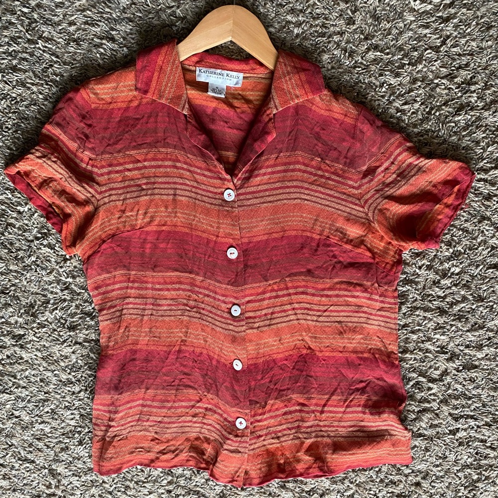 Silk red and orange striped button up.